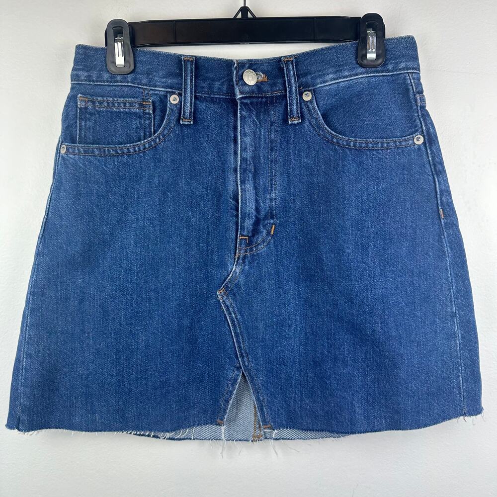 NWT Madewell Womens Raw Hem Rigid Denim A-Line Medium Wash Blue Mini Skirt 26